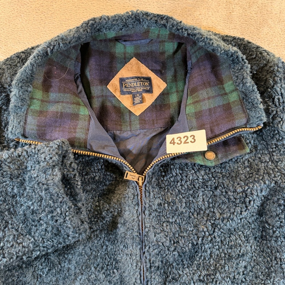Pendleton Fleece Jacket Womens L Blue Plaid Trim Sherpa Full Zip P1558